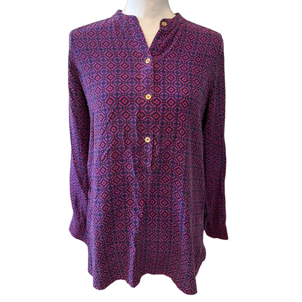 C Wonder Silk Tunic Top Magenta Navy Blue Print S